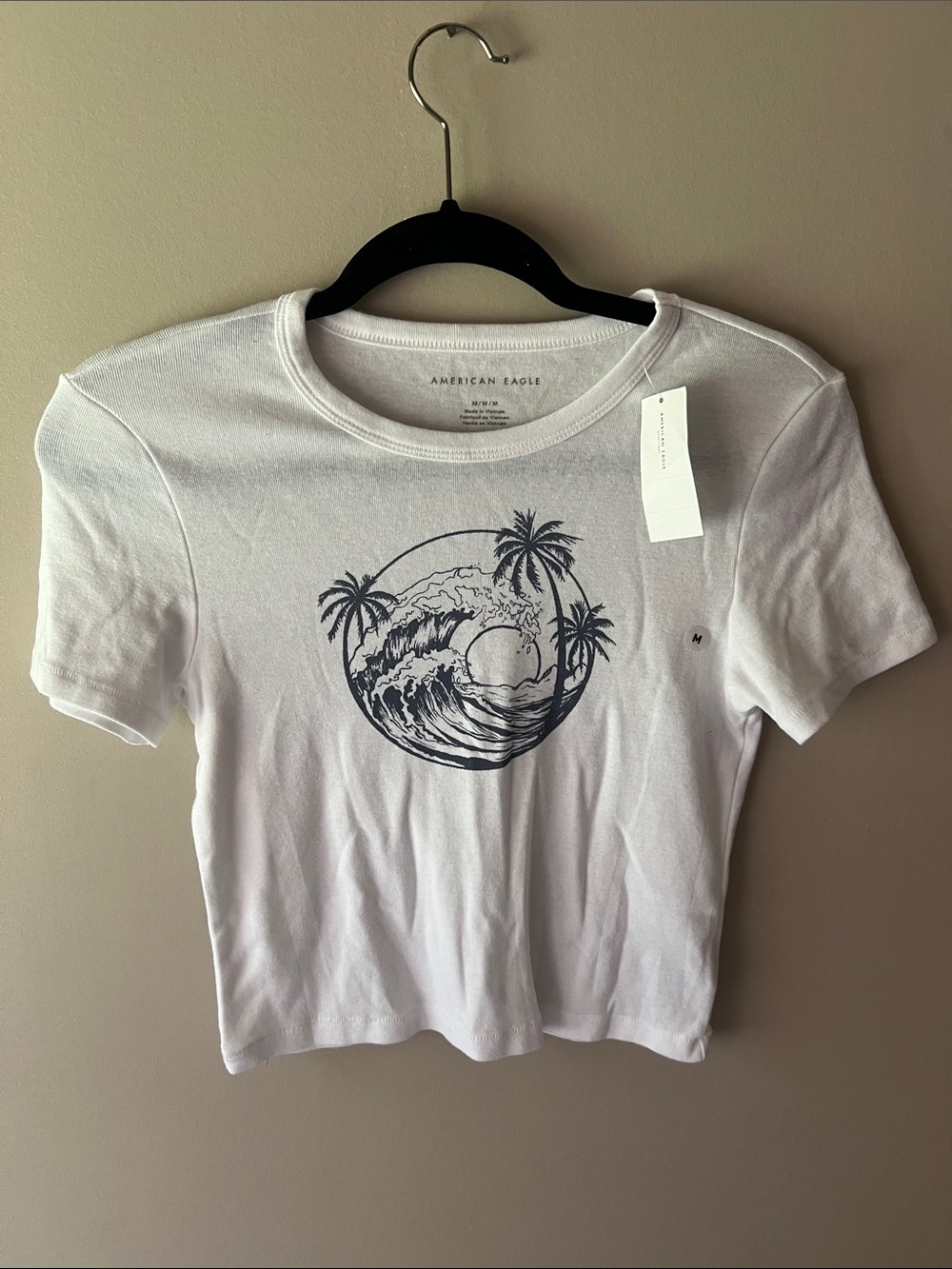 American Eagle Outfitters White Crop Tee with Navy Wave Graphic